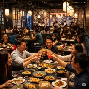 Close-up of a popular dish like Mapo Tofu or Spicy Beef NoodlesHappy diners enjoying food